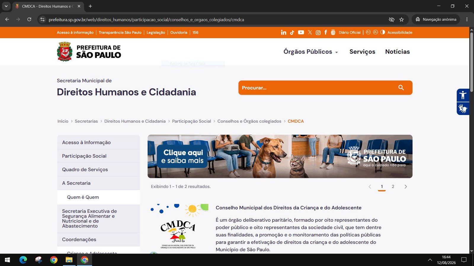 Página do CMDCA no site da Prefeitura de São Paulo