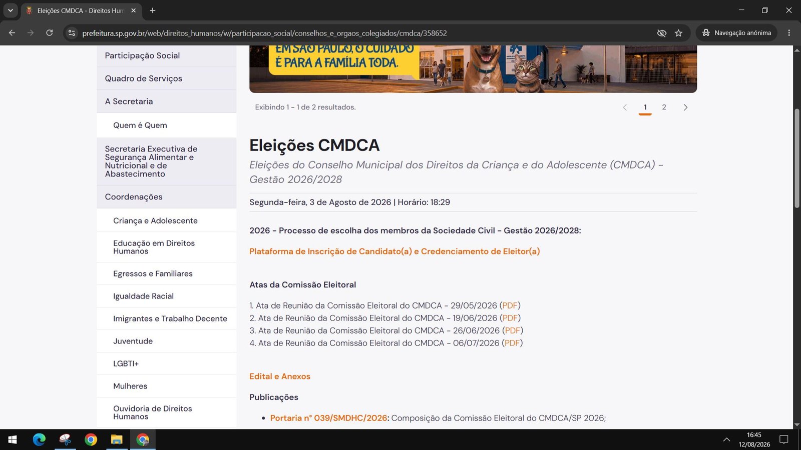Página Eleições CMDCA com o link da plataforma de inscrição