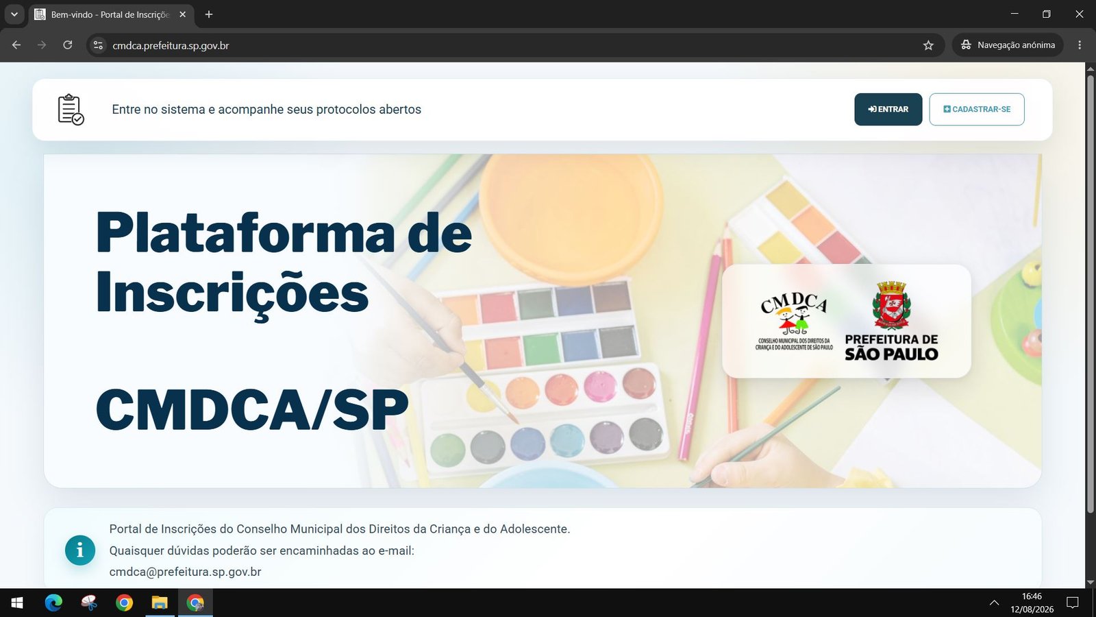 Tela inicial do Portal de Inscrições CMDCA/SP com os botões Entrar e Cadastrar-se
