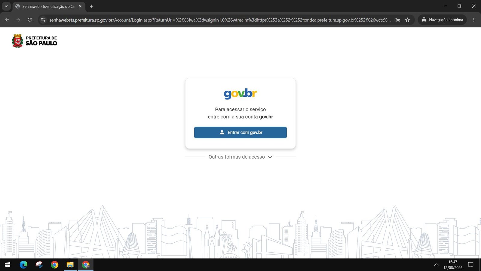 Tela do Senhaweb com o botão Entrar com gov.br