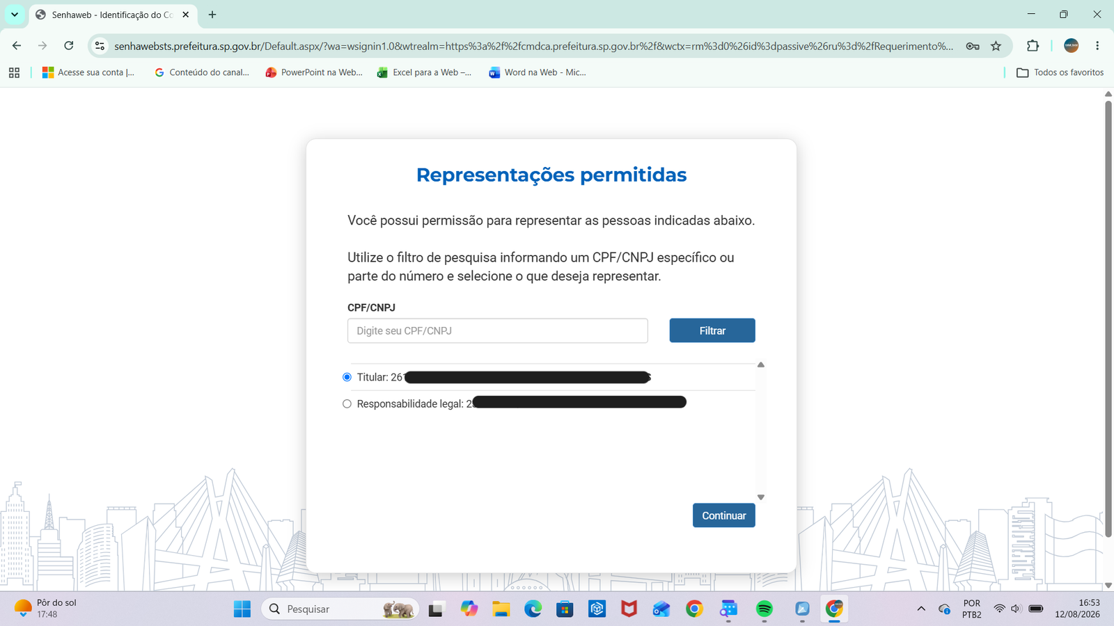 Tela Representações permitidas com opções Titular e Responsabilidade legal