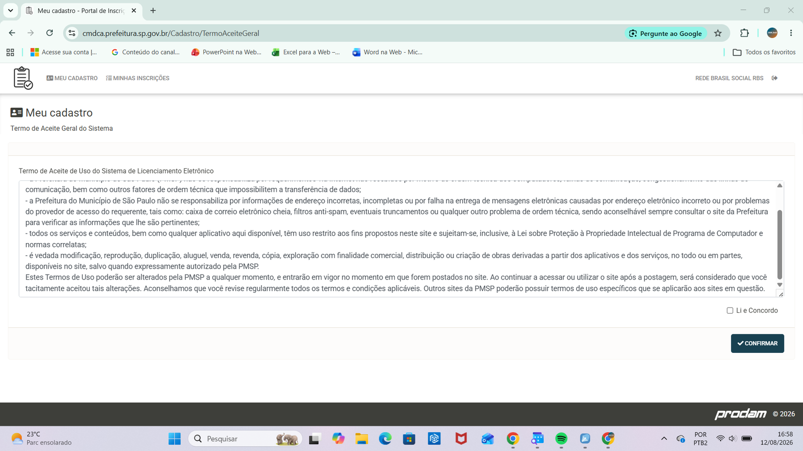 Termo de Aceite Geral do Sistema com a caixa Li e Concordo