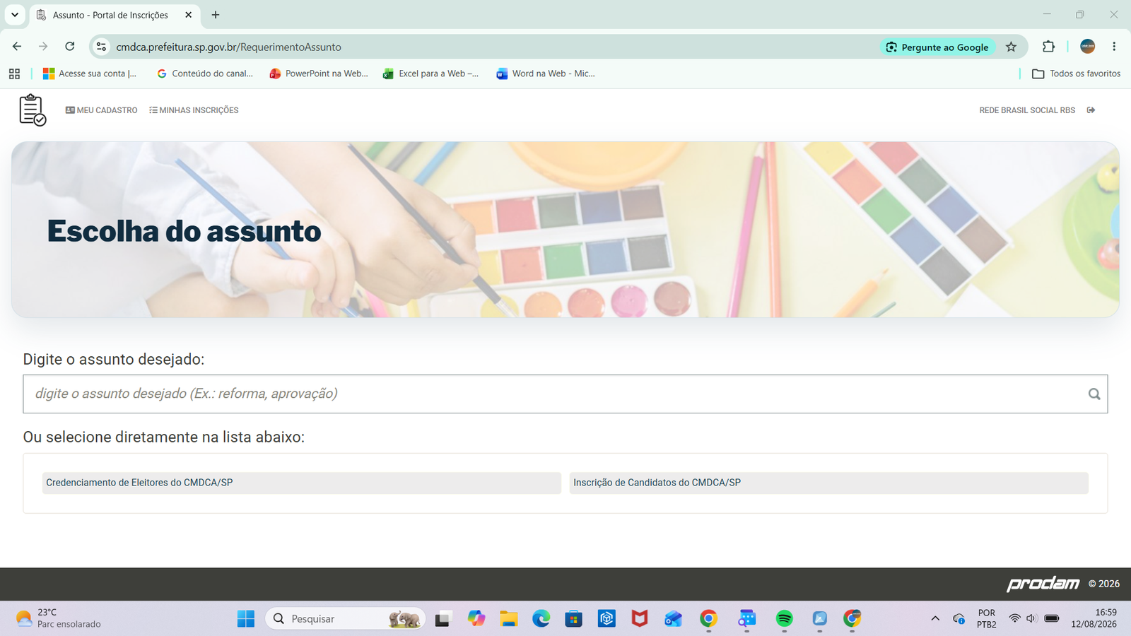Tela Escolha do assunto com as opções Credenciamento de Eleitores e Inscrição de Candidatos