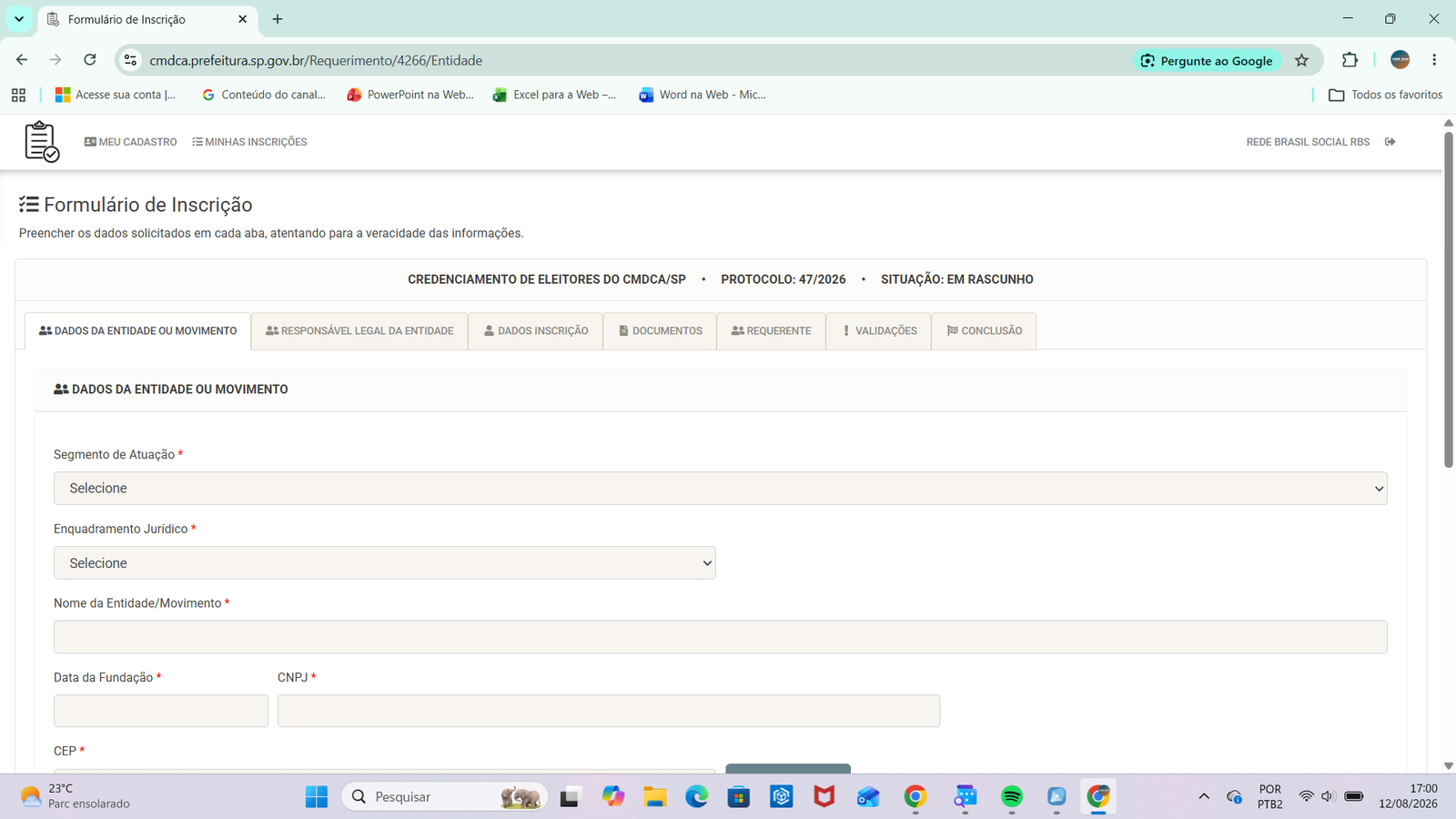 Formulário de inscrição, aba Dados da entidade ou movimento