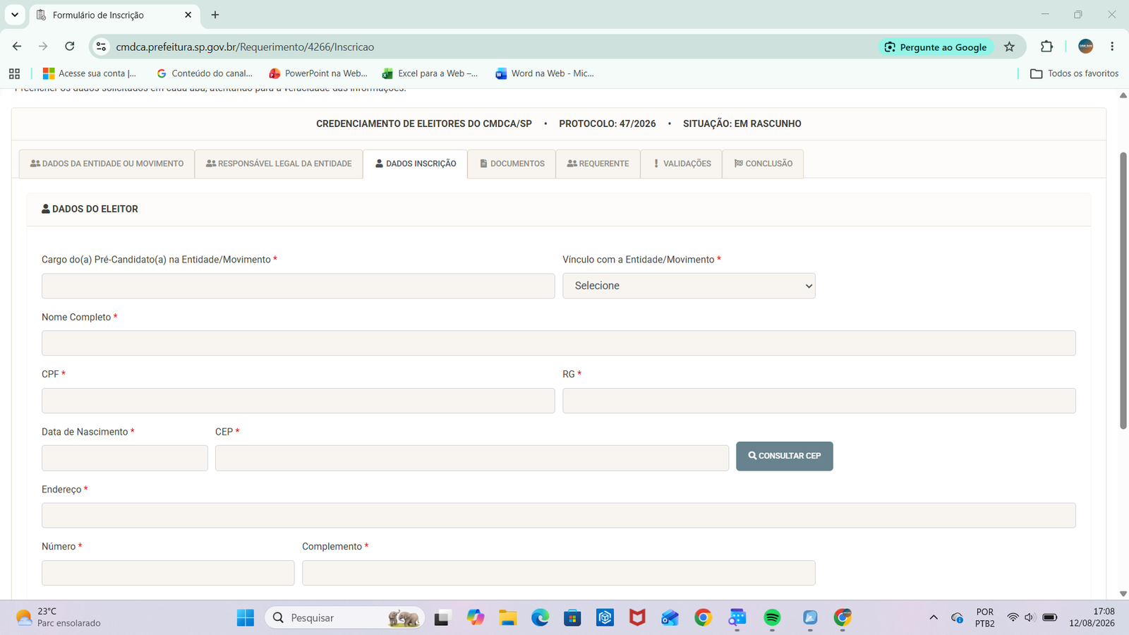 Aba Dados inscrição com o bloco Dados do eleitor
