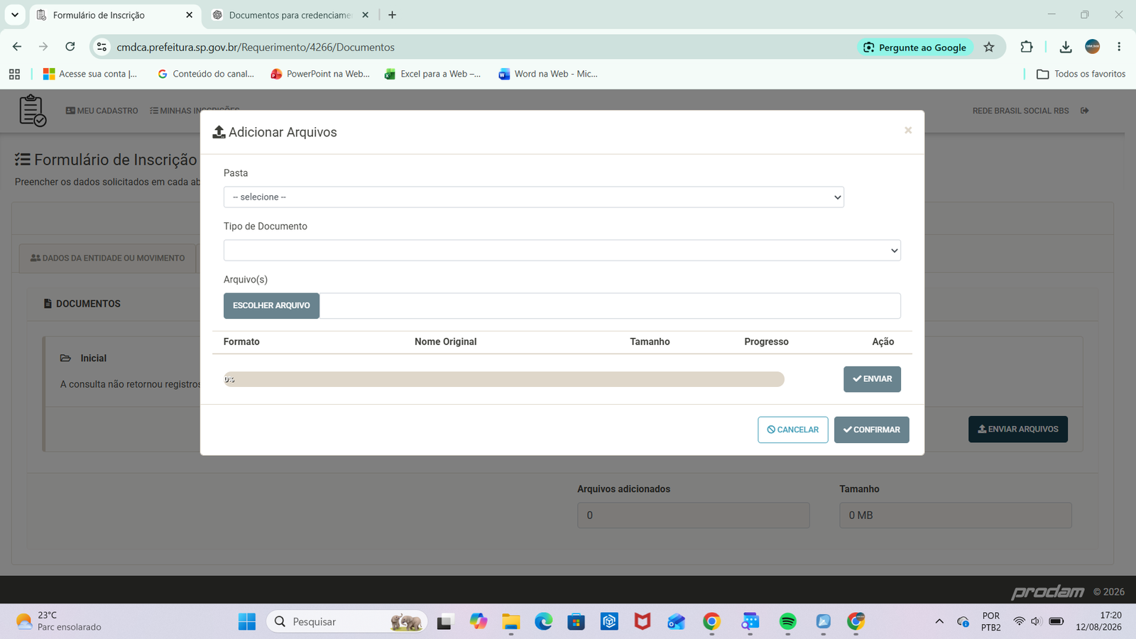 Janela Adicionar Arquivos com pasta, tipo de documento e barra de progresso