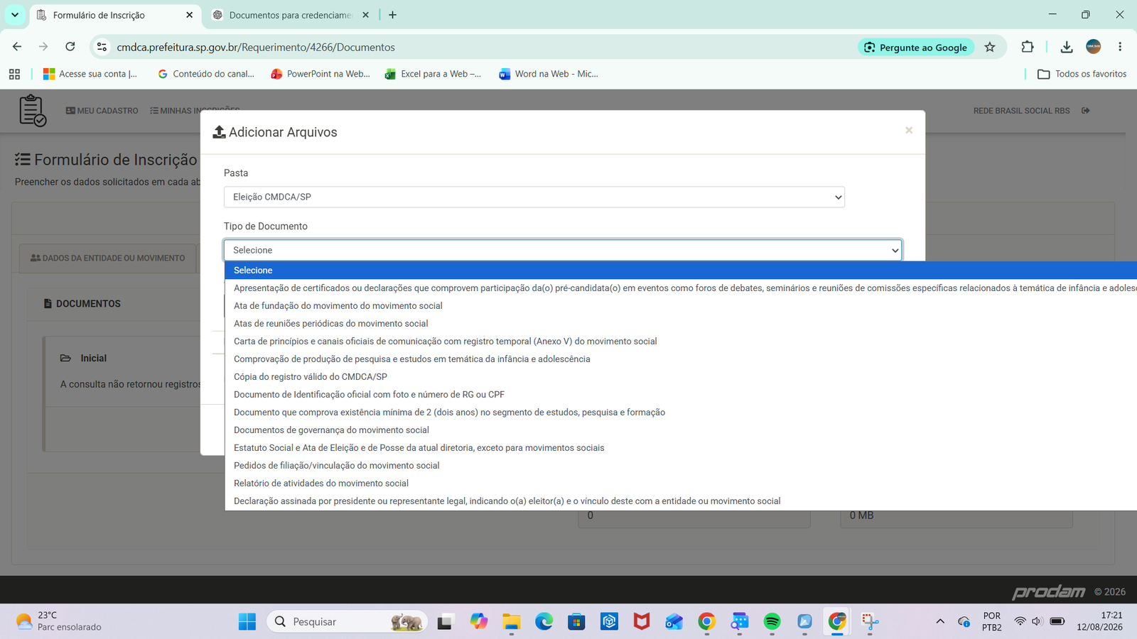 Lista Tipo de Documento aberta na janela Adicionar Arquivos