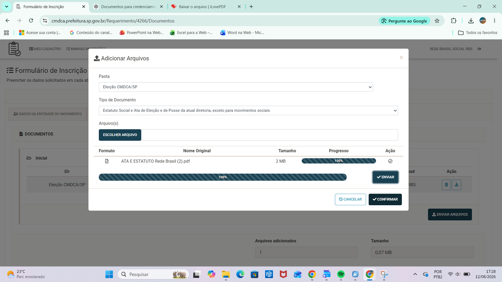 Arquivo PDF enviado com barra de progresso em 100% na janela Adicionar Arquivos