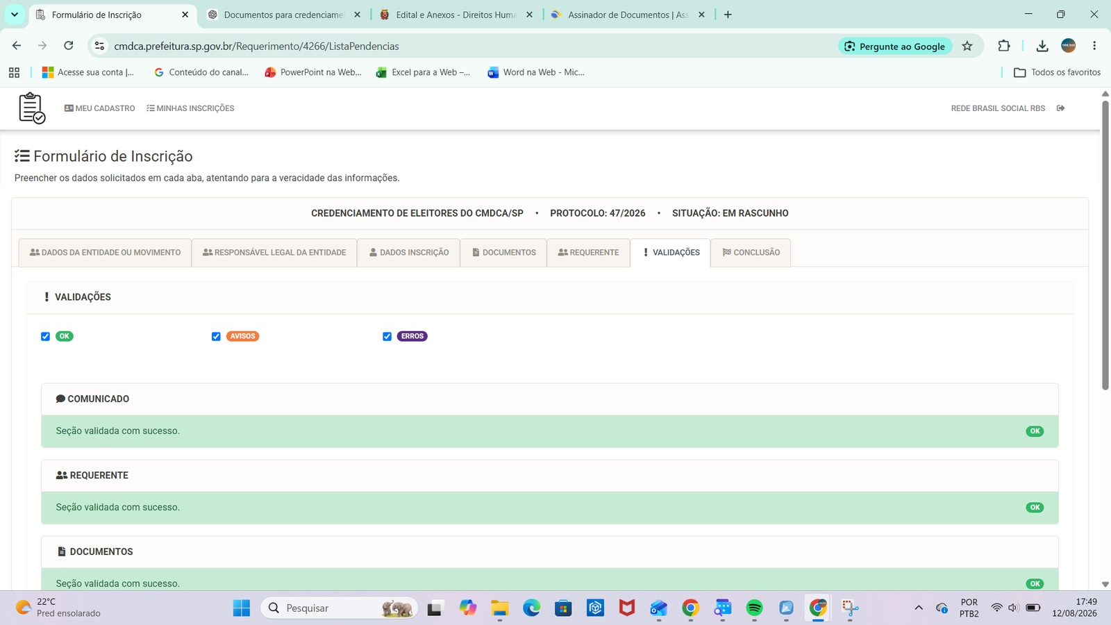 Aba Validações mostrando seções validadas com sucesso