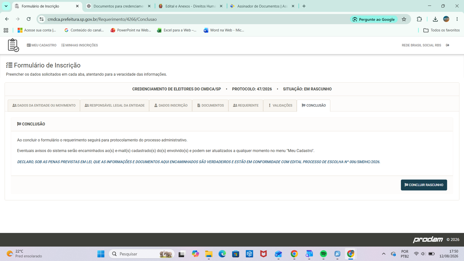 Aba Conclusão com a declaração e o botão Concluir rascunho